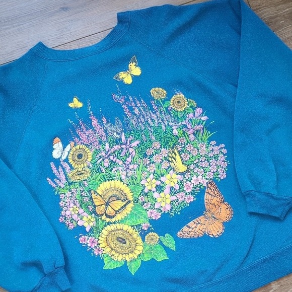 Vintage 80s 90s Floral & Butterflies Cotton Sweatshirt - Sun Sportwear - Large - Picture 1 of 11